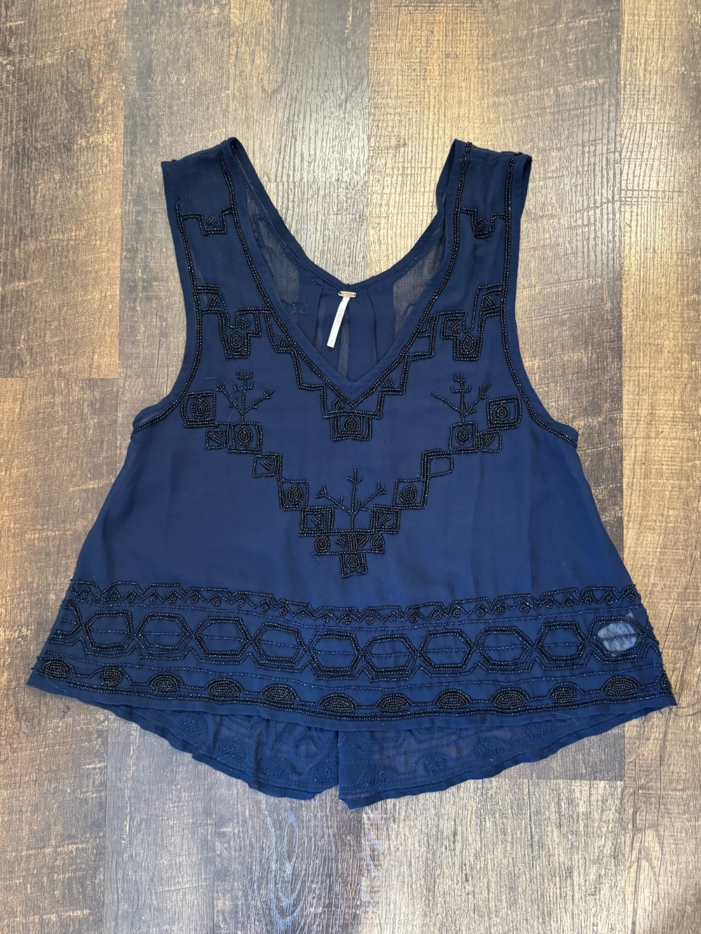 Free People blue sheer chiffon tank top with black beading
